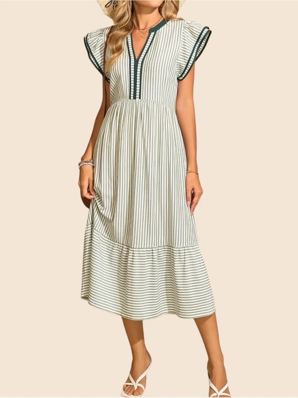 Women's Striped V-Neck Flutter Sleeve Long Dress Size Small Never Worn